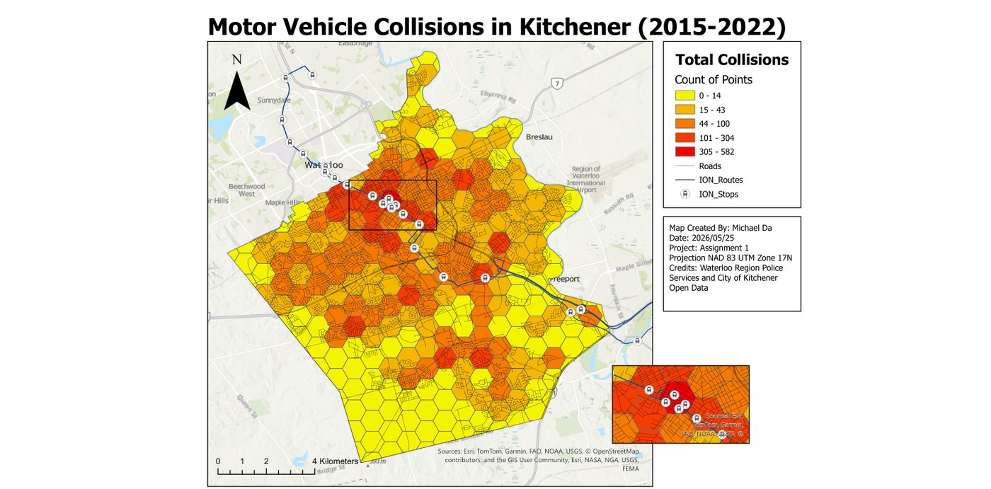 Graduated symbol map of motor vehicle collisions in Kitchener, 2015 to 2022, with the ION LRT route overlaid.
