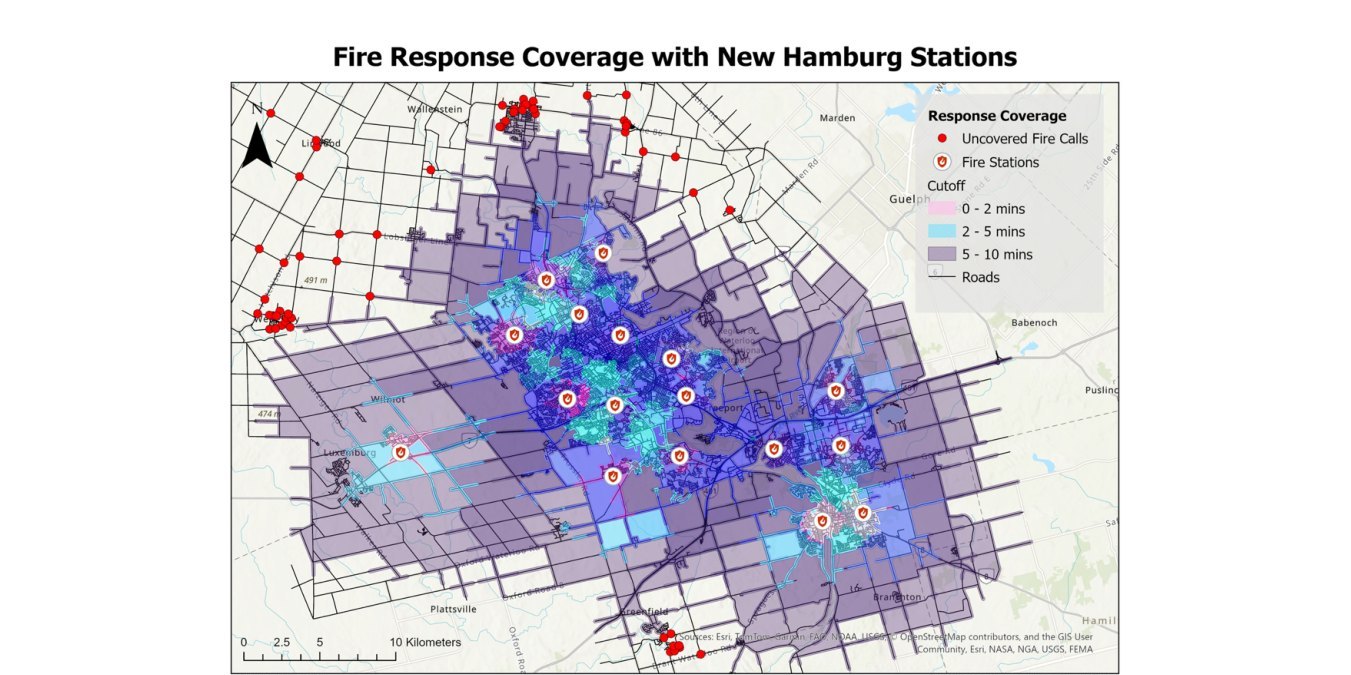 Fire response coverage map for the Region of Waterloo showing 2, 5 and 10 minute drive-time service areas with the proposed New Hamburg station.