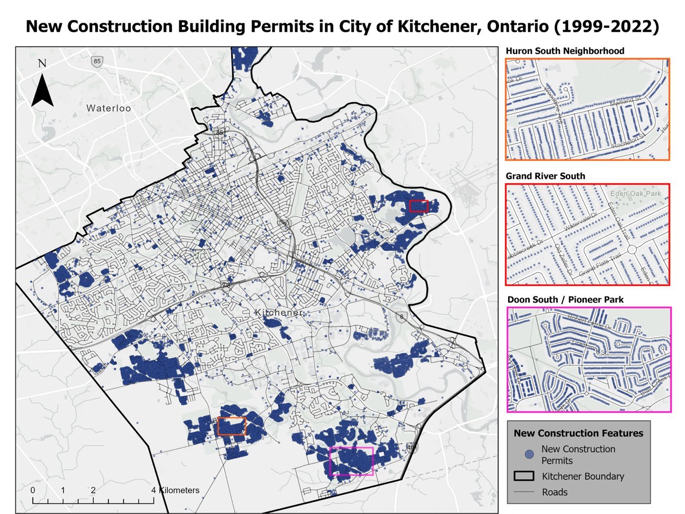 Map of new construction building permits across Kitchener, 1999 to 2022, with three neighbourhood inset maps.